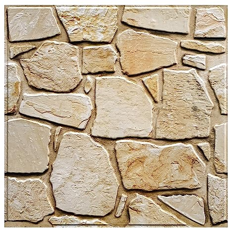 COMSTICKC 3D Brown Stone Wall Panels Self Adhesive, Faux Stone Wall Panels Peel and Stick, 10 Pcs 12X12, 3D PVC Rock Wallpaper Interior Wall Decor, Paintable, Waterproof, Light Brown
