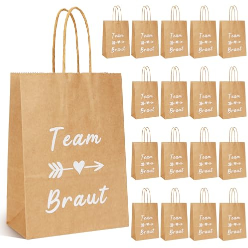 20 Stück Geschenktüten mit Henkel 21x15x8cm – Papiertüten Weiß Eukalyptus für Kindergeburtstag, Hochzeit, JGA – Kraftpapier Team Braut Mitgebseltüten