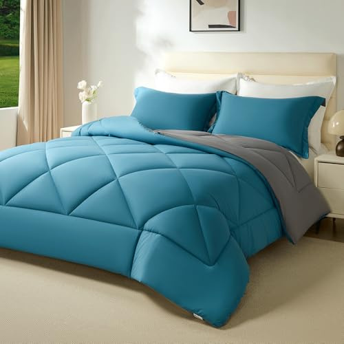beeweed Coverless Double Duvet 13.5 Tog - 200x200cm, Peacock Blue/Grey