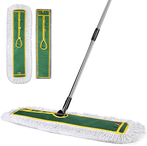 OZD Floor Mop, 105cm Large Industrial Mop with 360° Swivel Head, 2 Reusable Pads Microfibre & Cotton, Stainless Steel Handle, Commercial Mops for Hard Floors, Laminate, Green
