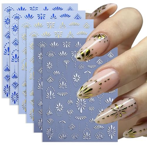 Kinretixia 6 fogli adesivi per unghie in stile boho per nail art, oro 3D, autoadesivi, disegni boho argentati, adesivi blu retro per donne