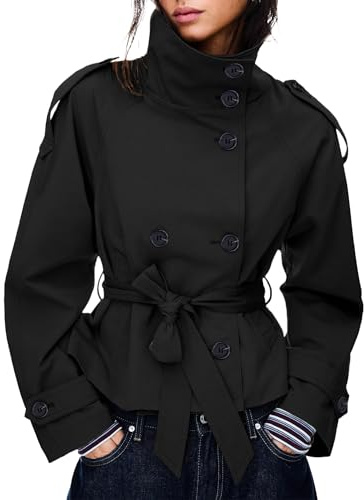 Maohao Women's Cropped Trench Coat Double Breasted Short Jacket High Collar Fall Winter Coats Trendy Outfit with Belt(Black,S)