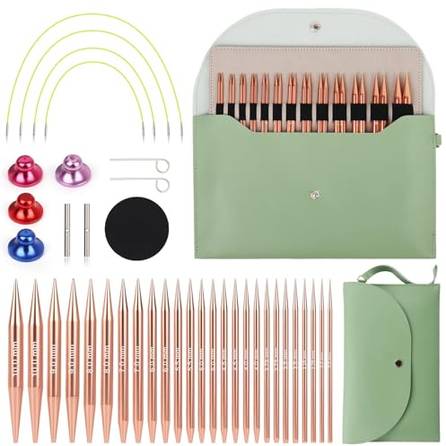 Coopay Juego de Agujas Circulares Intercambiables para Tejer Punto y Lana, 3,0-10 mm, Regalos para Tejedoras, Agujas con Bolsa de Almacenamiento, 13 Pares Aguja Circulare Intercambiables - Oro Rosa