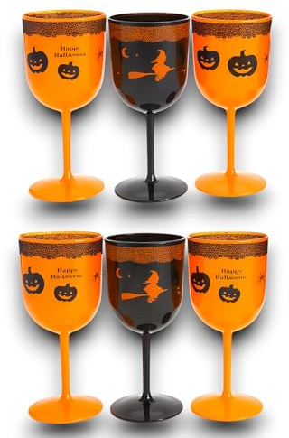 KORAT Set di 6 Calici Halloween 19 cm Bicchieri Decorativi in Plastica Rigida Arancione e Nera con Stampa Zucche e Strega Riutilizzabili per Feste, Eventi, Tavola a Tema e Decorazioni di Halloween