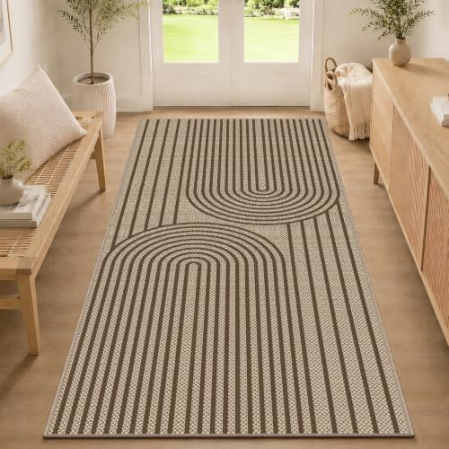 VSIWB Teppich Läufer Flur 80x150cm, Jute Aussehen Küchenteppich, Waschbarer Teppich Flur, rutschfest Küchenläufer, Braun Outdoor Teppich für Küche, Wohnzimmer, Schlafzimmer, Diele, Eingang, Balkon