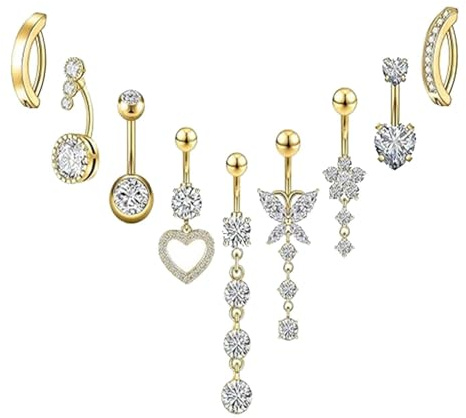 Makloee Belly Button Bars, 9Pcs Gold Belly Bar Stainless Steel Button Piercing Rings Dangly Button Piercing Jewellery with Short And Long Navel Rings Heart Butterfly And Flower Designs(Gold)