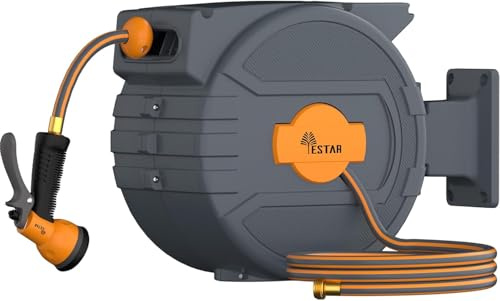 YESTAR - Carrete de manguera de 25 m + 2 m, con rebobinado automático y rotación de 180°, caja de pared con tope de bloqueo y 7 boquillas de chorro, para riego de jardín y lavado de coche