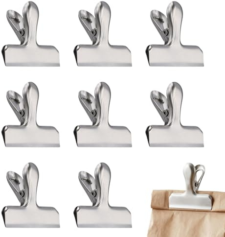 Lot de 8 Pince Sachet Alimentaire en Acier Inoxydable – Larges Pinces Métalliques de 77mm, pour Étiquettes, Sacs, Commerces, Photos, Cuisine et Bureau, Pince Métallique Argenté
