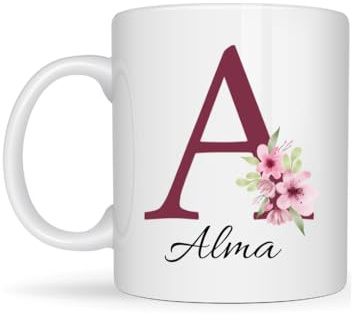 Genérico Tazas personalizadas con inicial y nombre colores. Tazas personalizadas originales. Tazas desayuno originales. Taza de cerámica. Regalos personalizados. Detalles originales. (Granate y Flor)