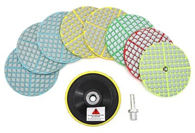 SHDIATOOL Disco de Pulido Diamante 10 Piezas - 100mm Discos (Grano 50x3/100x2/200/400/800), 1 Pieza Plato de Soporte, 1 Pieza Aadaptador para Pulir Mármol Granito Cuarzo Piedra en Seco