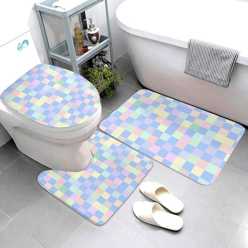 Set di 3 tappeti da bagno in stile scacchierato, con stampa colorata pastello, assorbente, antiscivolo, lavabile, a forma di U, tappetino per WC, tappetino per il contorno del WC, tappetino per doccia