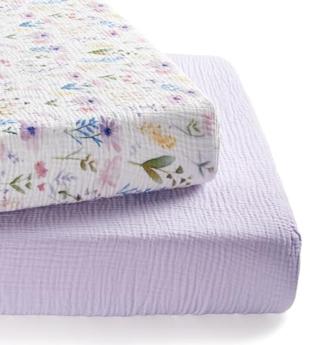 TILLYOU Set di 2 Lenzuola con angoli in mussola per lettino, 70 x 140 cm, 100% cotone, per bambini, con fiori viola
