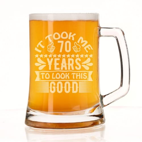 70th Birthday Beer Stein Gift for Him or Her - Engraved Glass Beer Mug Present 500ml - Funny Birthday Years to Look This Good Keepsake