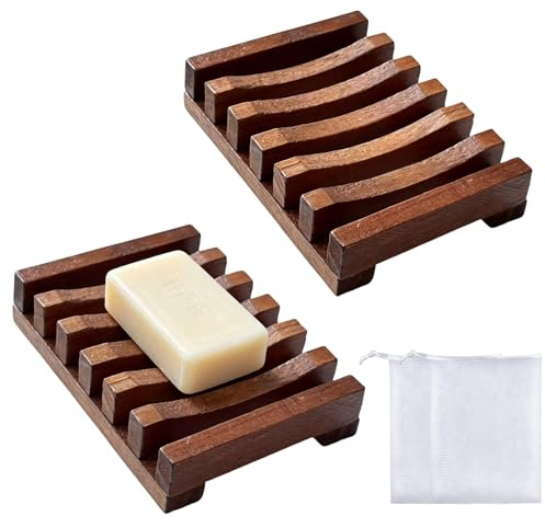 2 Pièces Porte Savon en Bois Naturel avec 2 Filets Moussants pour Salle