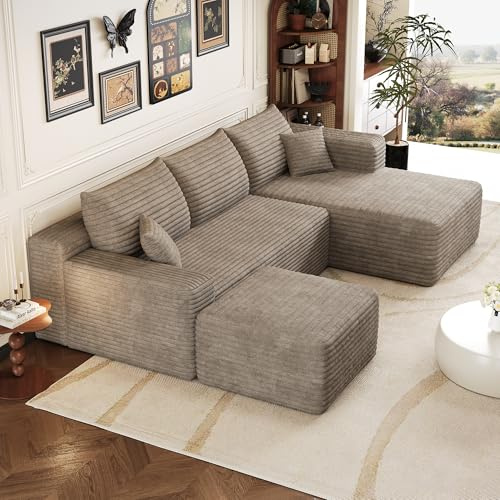 Kuczn Modulares 3-Sitzer Ecksofa aus weichem Cordstoff, Boneless Couch und komprimierbares Schlafsofa, Sofa mit Schlaffunktion, tiefes Eckdesign, Ohne Montage, Für Wohnzimmer und Schlafzimmer, Kamel