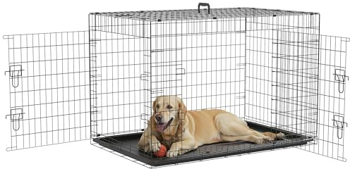 PawHut Transportín de Perro de 2 Puertas Jaula de Alambre para Perros Plegable con Asa Acero 121x74,5x81 cm Negro