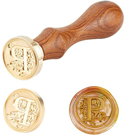 PandaHall 1 Stück DIY Holz Wachs Siegel Stempel, Alphabet Sammelalbum Messing Briefmarken und Holzgriff Sets, Buchstabe P, 25x14mm; 75mm