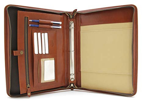 Noda Padfolio Portfolio-Ordner, mit Reißverschluss Interne Halterungen für iPad/Tablet (bis 25,7 cm / 10,1 Zoll), Handy und Visitenkarten. Echt Leder Etui Briefgröße Notizblock cognac
