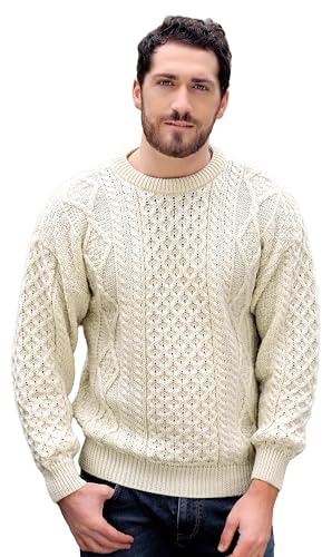 Aran Crafts Irish Soft Cable Knitted Wool Crew Neck Unisex Sweater (C1347-LARGE-ECR) Ecru