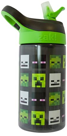 Minecraft Kids Water Bottle 450ml with Flip Spout Straw, Leakproof School Drinks Bottle, BPA Free Travel Bottle with Creeper Enderman Zombie Design, zak! Green