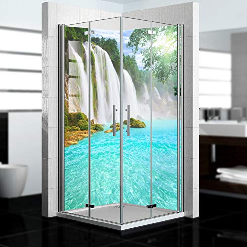 dedeco Eck-Duschrückwand wasserfest mit Wasserfall V13 Motiv UV-Lack matt - 2 x 90x200 cm, als Badrückwand zum Fliesenersatz, Dekorwand, Wandverkleidung und Duschplatte aus Aluminium - Made in Germany
