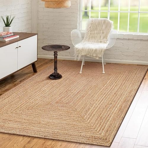 The Home Talk Natürlicher Juteteppich, Boho-Stil, wendbar, rustikal, handgewebt, weich, langlebig, für Wohnzimmer, Schlafzimmer, Esszimmer, Heimdekoration, Flur – Natur