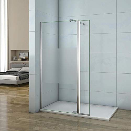 Aica paroi de douche à l'italienne 110+30x200cm en verre 8mm bande central sablé avec un retour pivotant et une barre de satbislisation extensible de 70-120cm
