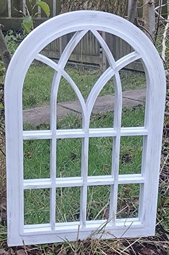 FA9 WHITE INDOOR/OUTDOOR WINDOW ARCH GARDEN MIRROR PLASTIC BACK ELEGANT VINTAGE STYLE LIGHT WEIGHT DURABLE FRAME ORNAMENT WALL MIRROR, 51x71cm