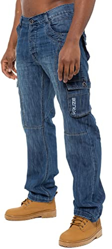 BRAND KRUZE Mens Cargo Combat Denim Jeans KZ103 Work Trousers Pants All Waist Sizes MSW 36 L Blue