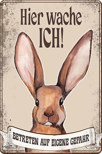 Retro Blechschild,wetterfest, 20 x 30 cm, Hasenstall, Hase, ACHTUNG HIER WACHE ICH
