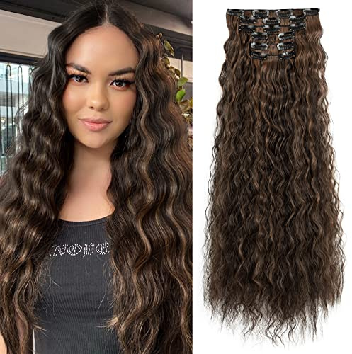 FLUFYMOOZ Clip in Extensions, 60cm 6PCS Lange gewellt Wellige Clip in Haarverlängerungen Dickes Natürliches Weiches Synthetisches Haarteil Für Frauen Mädchen Dunkelbraun mit Highlights