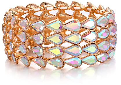 EVER FAITH Stretch Armreif Braut Strass Kristall Art Deco Wassertropfen Vier Reihen Vintage Armband Schmuck für Damen Irisierend AB Gold-Tone