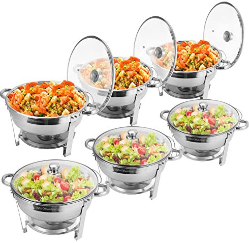 BriSunshine Chafing Dish Buffet Set 6 Packs, 5 QT Stainless Steel Round Chafing Dishes with Glass Lid & Lid Holder, Food Warmer For Parties Buffet Weddings Catering Events