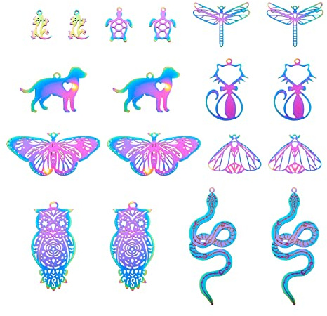 Pandahall filigrane Anhänger aus Edelstahl, Tierform, Schmetterling, Libelle, Katze, Hund, Eule, Schildkröte, Anhänger für Schmuckherstellung, 36 Stück