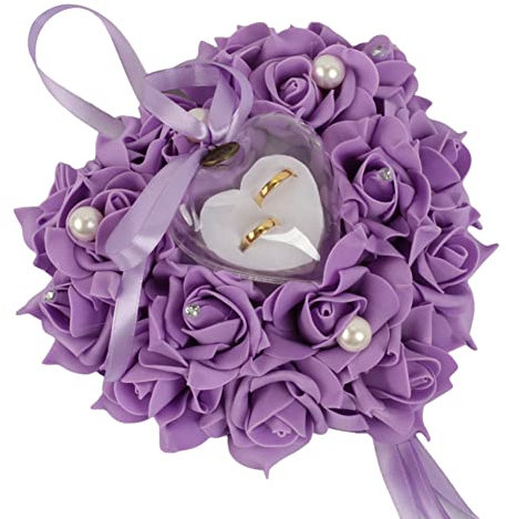 Romantische Ringkissen Herzförmig Ringhalter Hochzeit Ringkissen Rosen Eheringkissen Ringbox Weiße Strass Paar Ring Kissen Hochzeit Herz Kissen für Braut Ringe Rosen Ringträger für Eheringe Verlobung