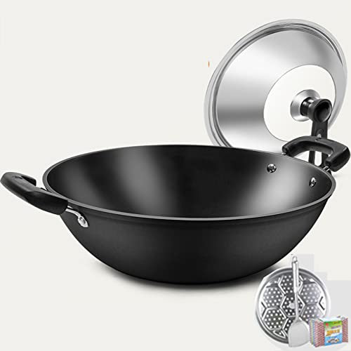IMPREC Wok Antiaderente, Padella Wok in Acciaio al Carbonio Wok A Fondo Piatto con Coperchio Wok in Acciaio al Carbonio for Induzione Elettrica E Stufe A Gas (Color : Noir, Size : 38x14cm)