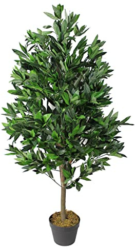 Künstlicher Kirschlorbeer 120 cm mit Echtholzstamm und 1521 Blätter Kunstpflanze künstliche Pflanze wie echt Dekoration Laubbaum Hecke Sichtschutz Kunstbaum