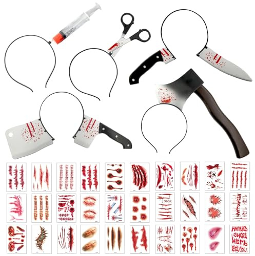 Halloween Kostüm Accessoire Set,5 Stück Horror Haarreif Haarbänder | Halloween Messer Im Kopf,Schere Axt Messer Syringe im Kopf Stirnbänder,Horror Haarreif Dekorieren
