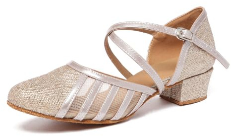 MINITOO Damer glitter salsa tango balsal latindansskor t-rem stängd kväll fest bröllop skor, L2044 champagne 3 5 cm klack, 39 EU
