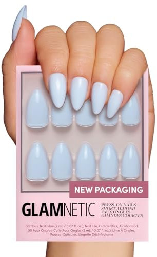 Glamnetic Press On Nails - Blueberry Milk | Solid Opaque Light Blue Short Almond Nails, Reusable | 15 Sizes - 30 Nail Kit