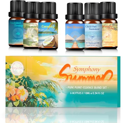 Wecona Summer Essential Oils Set - Pure Plant Extract Blends - 6x10ml - Comes with Bottle Opener - Essential Oils for Diffusers for Home - Diffuser Oil - Soap Making - Refreshing Humidifiers Oil