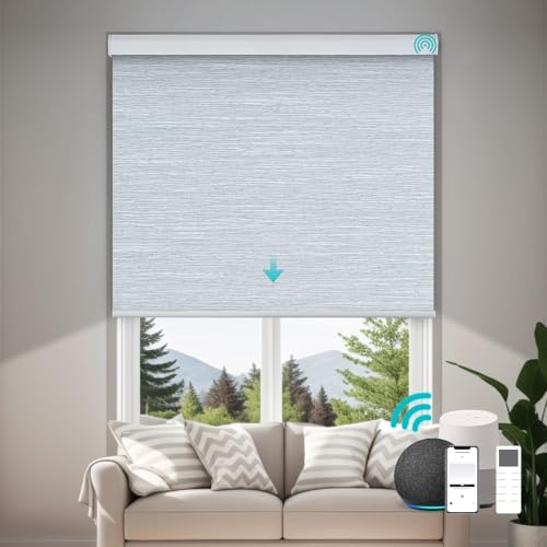 JOYENG Automatic Blackout Motorized Blinds with Wireless Remote Control - Custom Size Smart Window Blinds (Greyish Blue Texture)