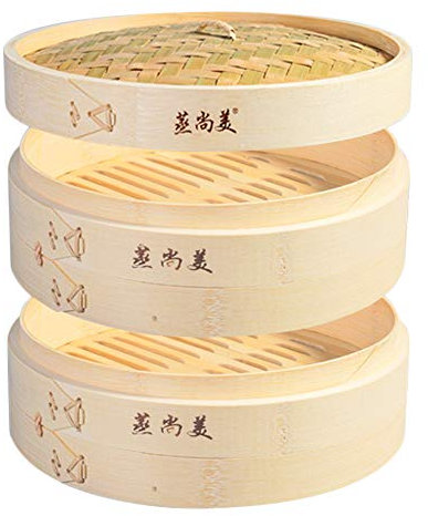 ANSNOW Kitchen Bamboo Steamer Basket for Asian Cooking Buns Dumplings Vegetables Fish Rice/2 Tier/8