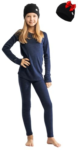 Ensemble de Base en Laine mérinos pour Enfants - Ensemble de sous-vêtements Thermiques en Laine mérinos pour Enfants : Haut, Pantalon, Bonnet (Large, Navy)