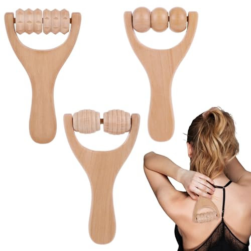 Molain 3 Stück Holz Massageroller, Faszienrolle mit Griff Massageroller Beine Massagerolle Massage Rolle für Nacken Schulter Beine Füße Gesicht Rücken