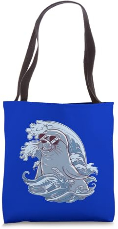Retro Seal Surfing Waves with Sunglasses Ocean Animal Tote Bag