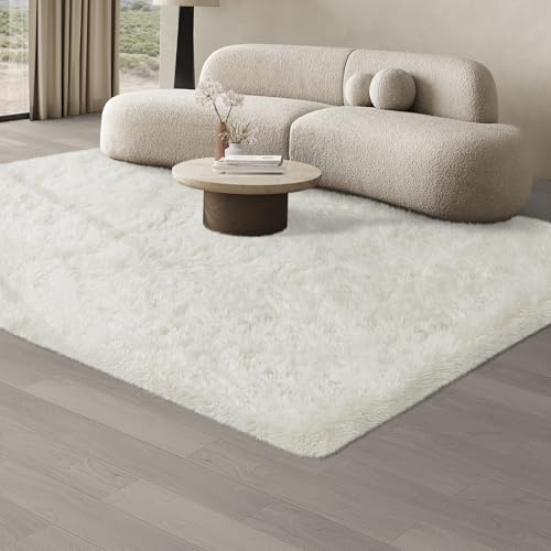 JOJOSEE Hochflor Teppich Wohnzimmer, 160 x 230 cm Anti-Rutsch Wohnzimmerteppich, Waschbarer Flauschiger Teppich für Schlafzimmer & Kinderzimmer, Creme