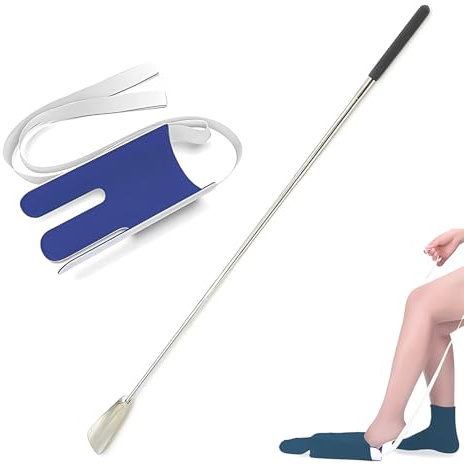 Schuhlöffel Metall Lang,Guador 2-Teiliges Set Sockenanziehhilfe Für Senioren,Schuhanzieher Lang,1 Sockenanziehhilfe+1 Schuhlöffel Lang,Socken-Abziehhilfe Für Männer Frauen Eingeschränkter Mobilität