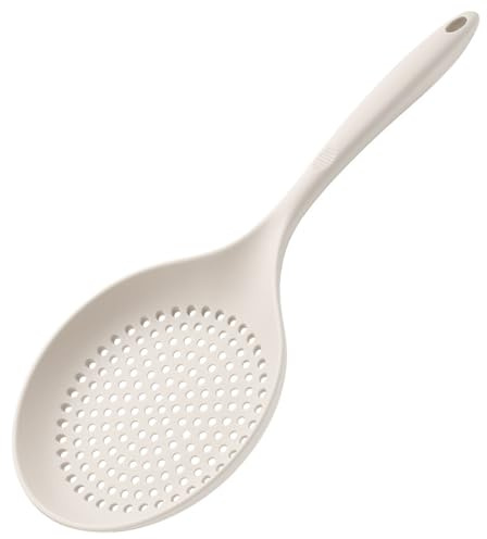 Cuchara espumadora de silicona, cucharón colador de cocina con agujeros, colador de cocina, resistente al calor, cuchara para escurrir y freír (blanco)