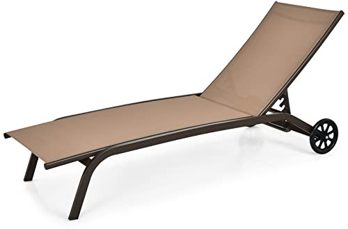 GOPLUS Sonnenliege, Gartenliege wetterfest, Liegestuhl mit Rollen, Relaxliege mit 6-stufig Verstellbarer Rückenlehne, bis zu 150kg belastbar, Sonnenliege für Terrasse, Garten, Pool (Braun)